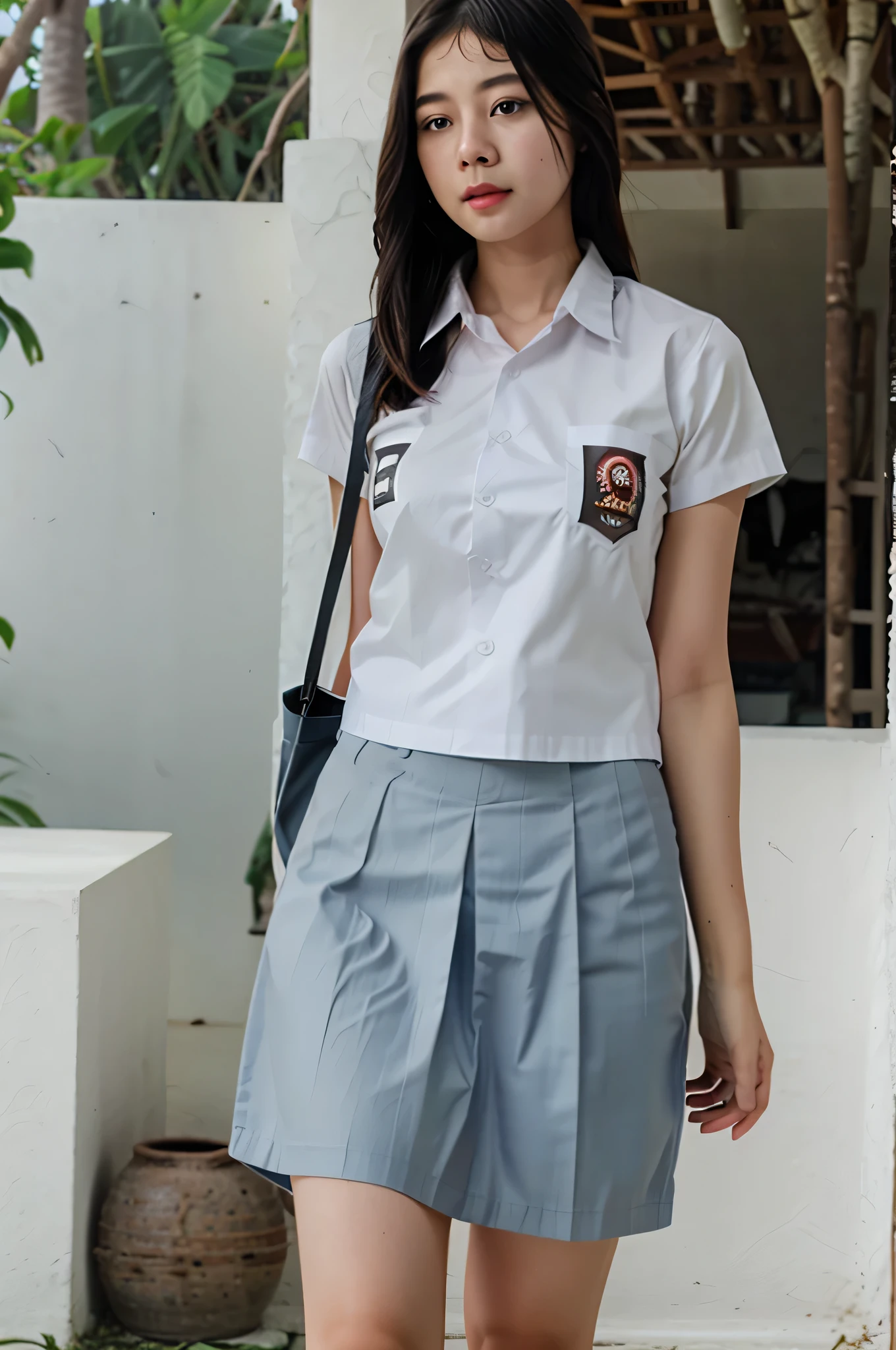 (((Ultra-HD-quality-details))) , 1girl, cewe-sma, from fitting, white shirt, gray skirt, beach 