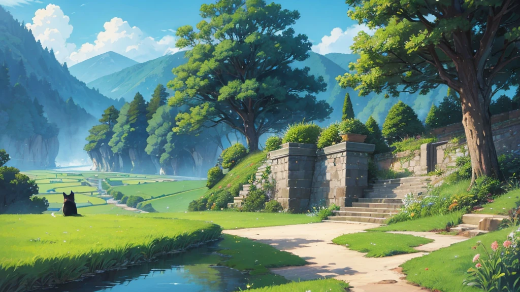 Ghibli-style illustrations，landscape，One cat，wideshot，Detailed illustrations，High quality