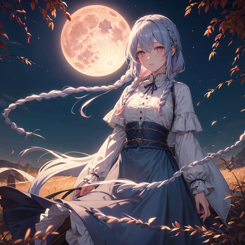 (Braiding),(Sky blue medium hair), (Pink eyes),(Fair skin)  ,(whole body),(One Girl),(harvest moon),(A large amount of Miscanthus sinensis in the background),autumn,(full moon),(masterpiece, Highest quality, Very detailed, Best Shadow), (Detailed Background), (Beautifully detailed face), High Contrast, (Best lighting, Very delicate and beautiful), ((Cinematic Light)), Hyper Detail,8k, Dramatic Light, Intricate details