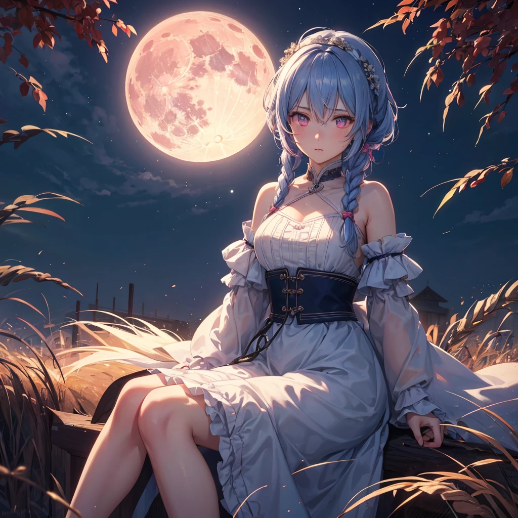 (Braiding),(Sky blue medium hair), (Pink eyes),(Fair skin) ,(whole body),(One Girl),(harvest moon),(A large amount of Miscanthus sinensis in the background),autumn,(full moon),(masterpiece, Highest quality, Very detailed, Best Shadow), (Detailed Background), (Beautifully detailed face), High Contrast, (Best lighting, Very delicate and beautiful), ((Cinematic Light)), Hyper Detail,8k, Dramatic Light, Intricate details