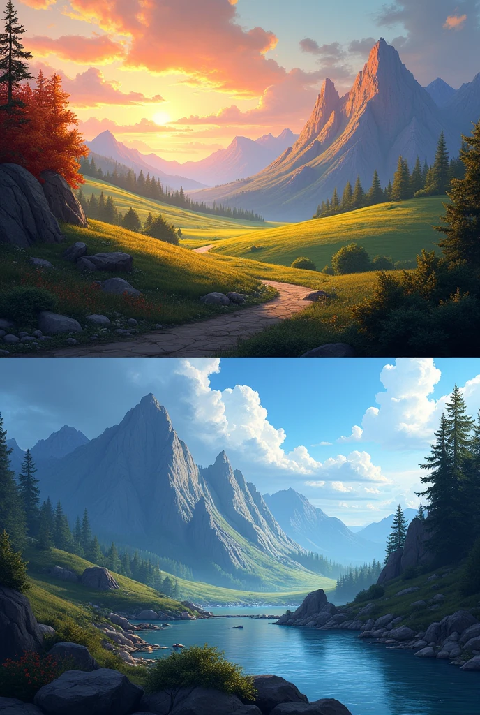 Give me 2 landscapes the same drawing, where you show the warm colors and cold colors apart from these two shades but the landscape is made complete and there you show the two shades in each landscape