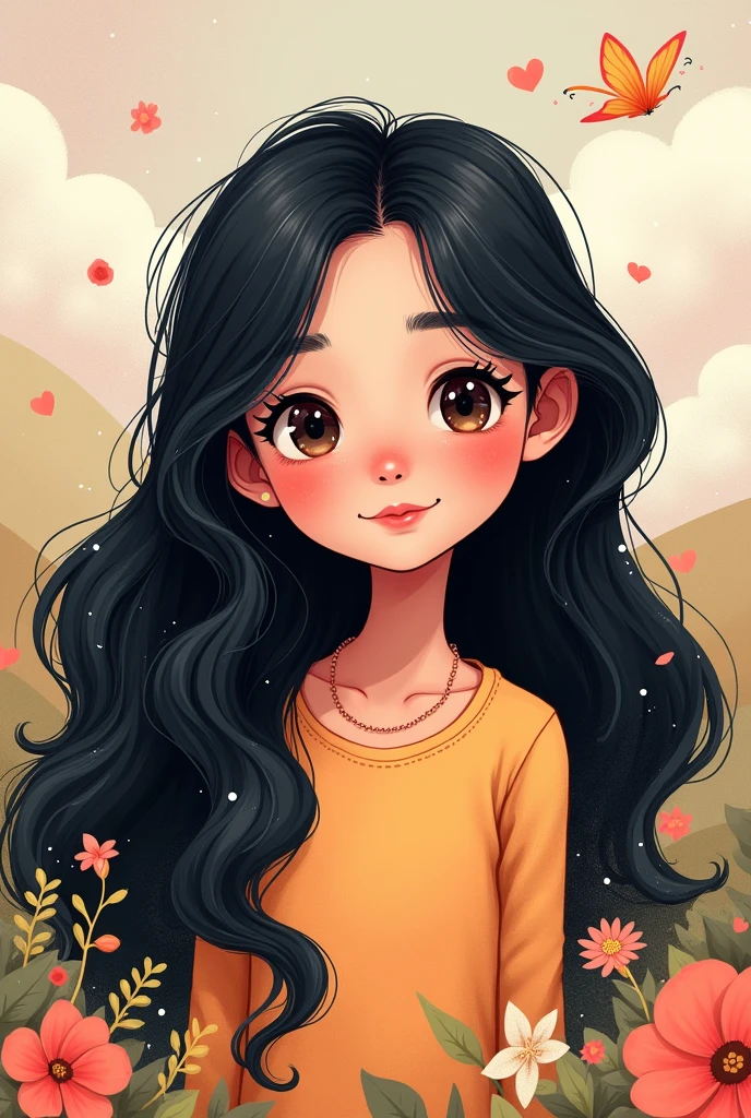 Cartoon girl with long black hair