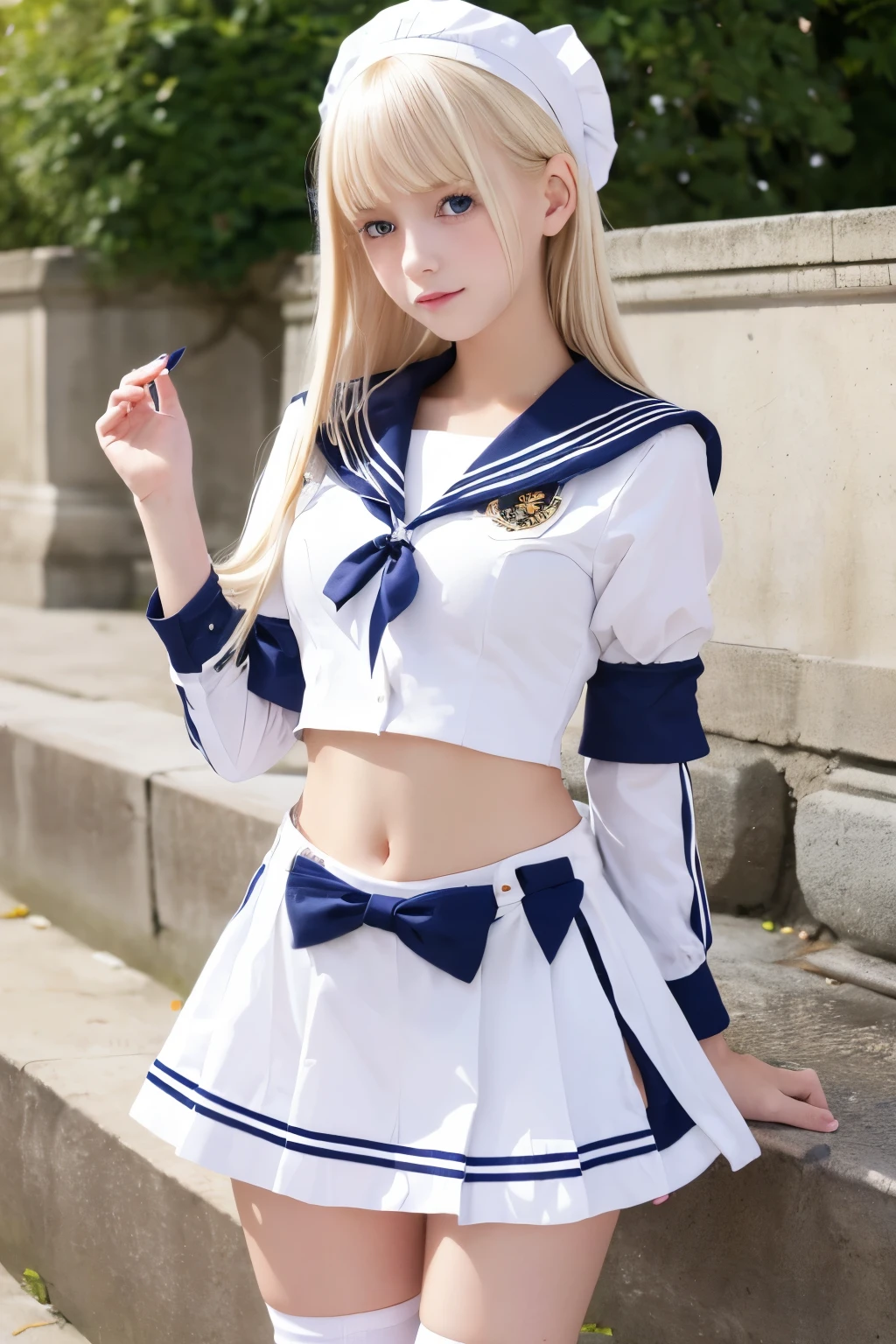 ((Highest quality)), ((masterpiece)), (detailed), One girl, Sexy sailor suit with exposed belly button 12 years old, a beautiful German girl with an innocent, lolita-like face and platinum blonde hair that reaches down to her ankles slim Dancing