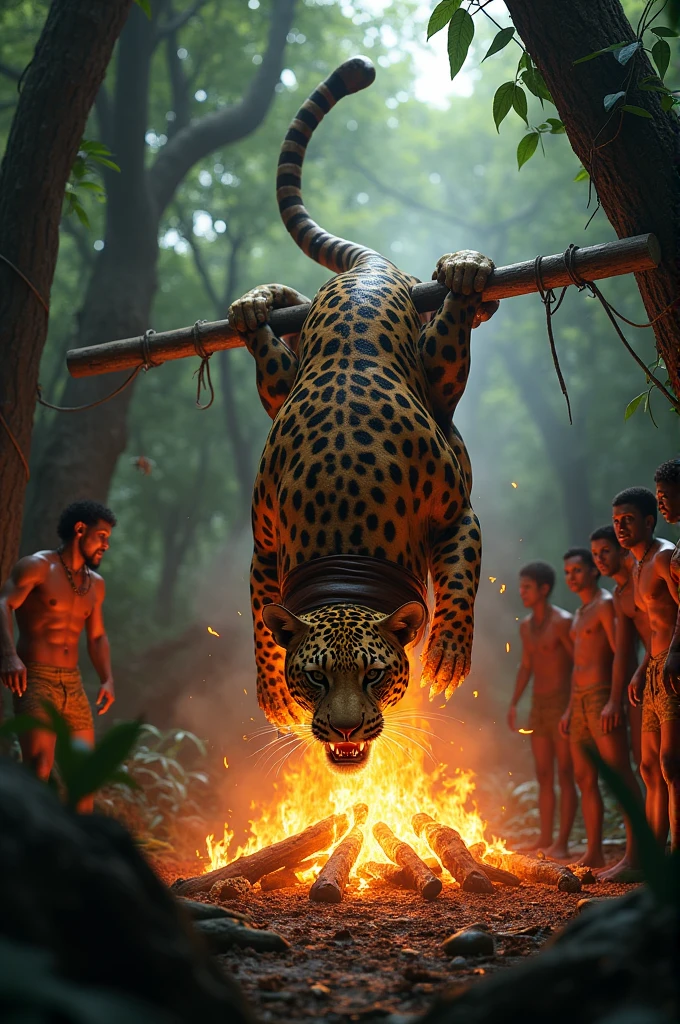 A jaguar being roasted in the middle of the forest, tied to a stick on top of the fire made of wood
