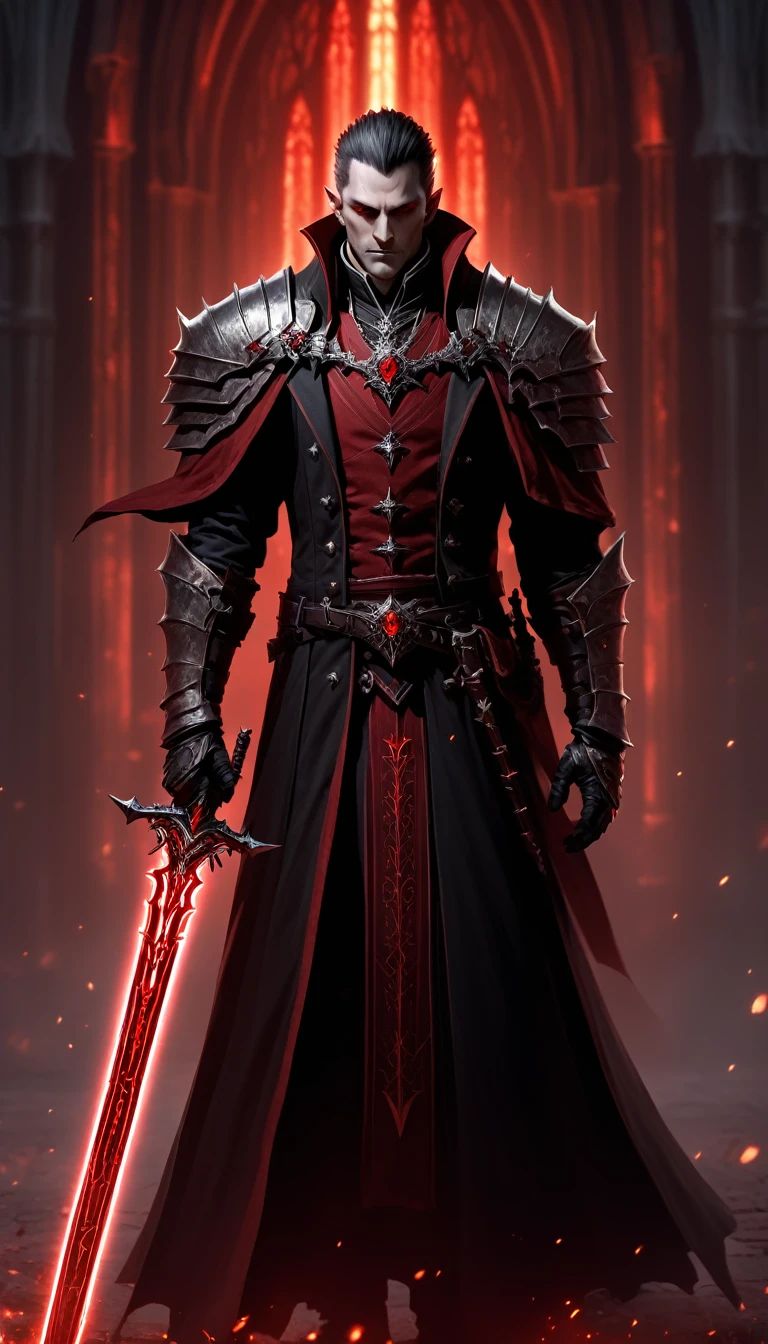 Masterpieces, male, end boss elden ring, vampire, (wearing armored frock coat, black, red and silver color scheme), (Remornia sword world of warcraft) (wielding a sword with radiant red light, emanating potent red light magic),(action shot: hefting a sword), Background: a dark cathedral red and silver lighting.