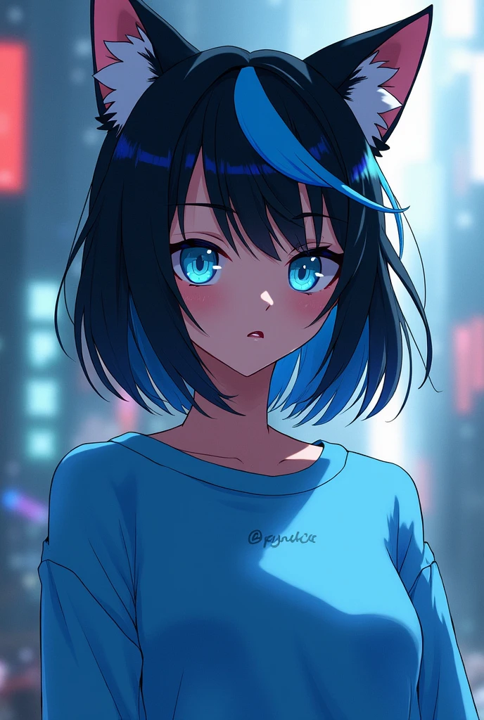  de , with cat ears and black hair with just a blue streak, skin black , blue eyes and wearing a blue sweatshirt, in zenless zone zero style.
