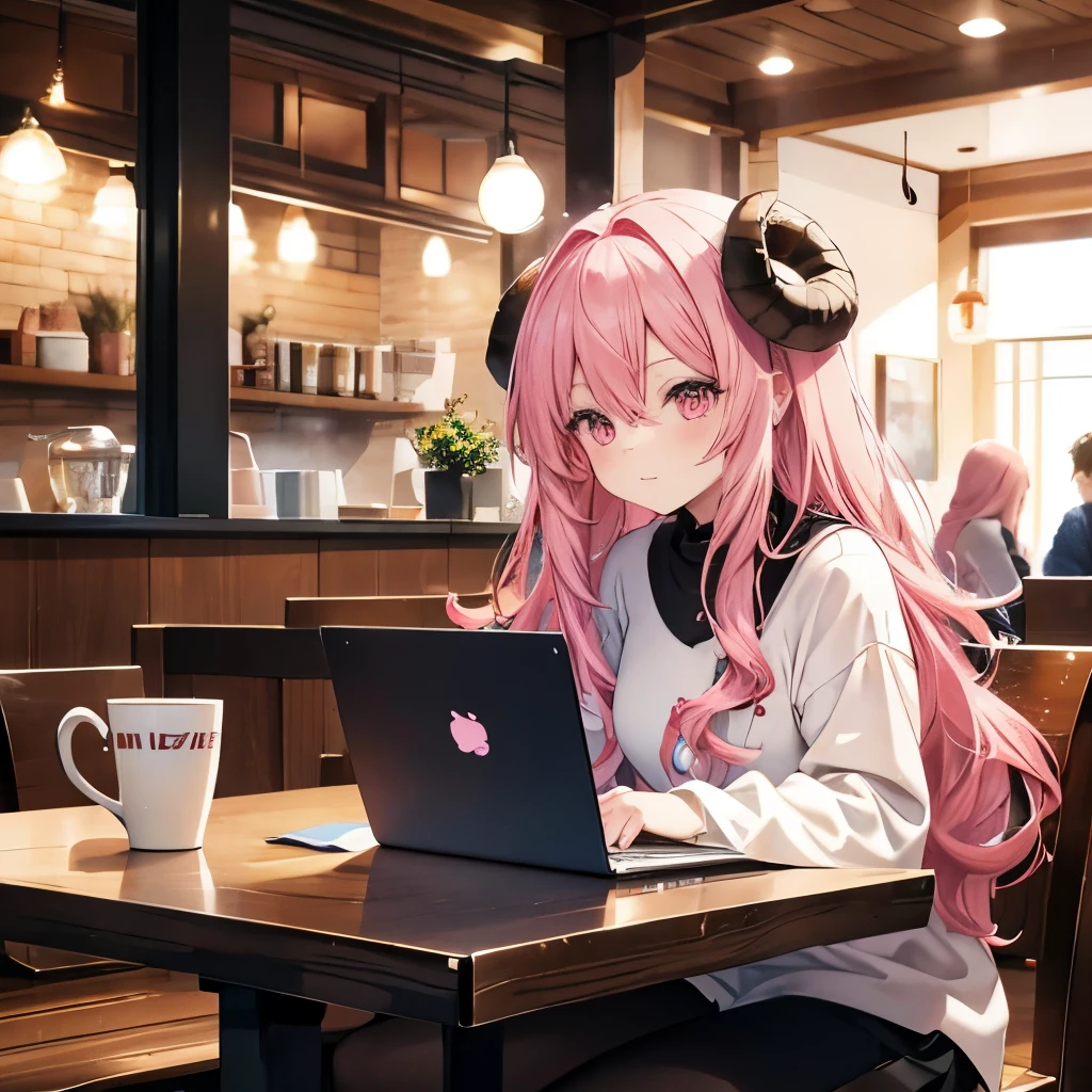 An anime-style illustration of ‘Fua-chan’ studying with a laptop in a cafe. Fua-chan has distinctive features: long pink hair styled in soft curls resembling sheep’s horns, and pink eyes. She is depicted sitting at a cozy table in a stylish cafe, focused on her laptop screen with a determined expression. Surrounding her on the table are notebooks, pens, and a cup of coffee or tea. She is dressed in casual, comfortable clothing suitable for a productive study session. The background shows a warm and inviting cafe interior with other patrons, soft lighting, and a variety of drinks and pastries on the counter, creating a focused yet relaxed atmosphere.