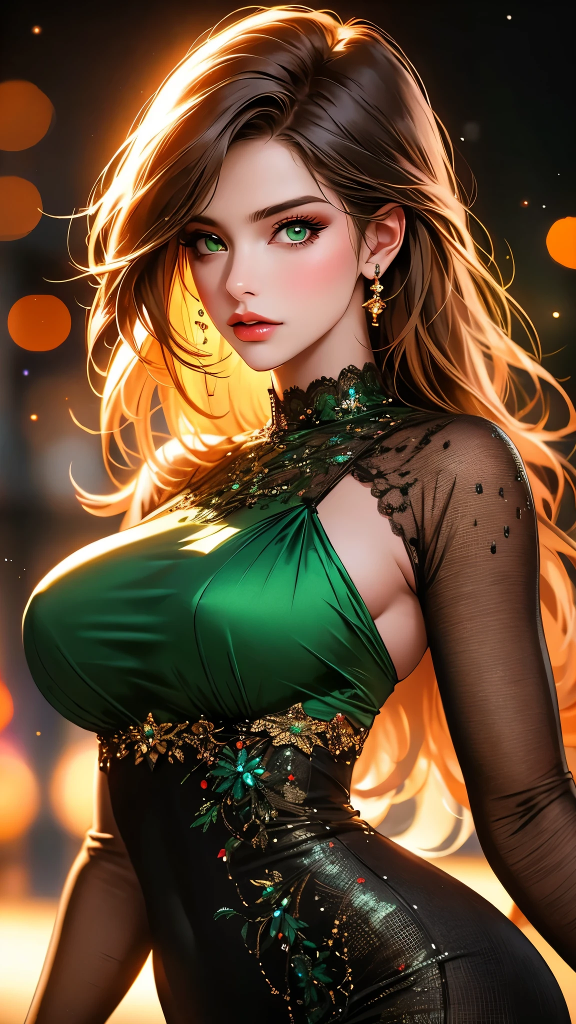 a beautiful woman with detailed green eyes, large breasts, sensual expressions, realistic, photorealistic, photo-realistic:1.37, (best quality,4k,8k,highres,masterpiece:1.2),ultra-detailed, HDR,UHD,studio lighting,ultra-fine painting,sharp focus,physically-based rendering,extreme detail description,professional,vivid colors,bokeh,warm colors,soft lighting