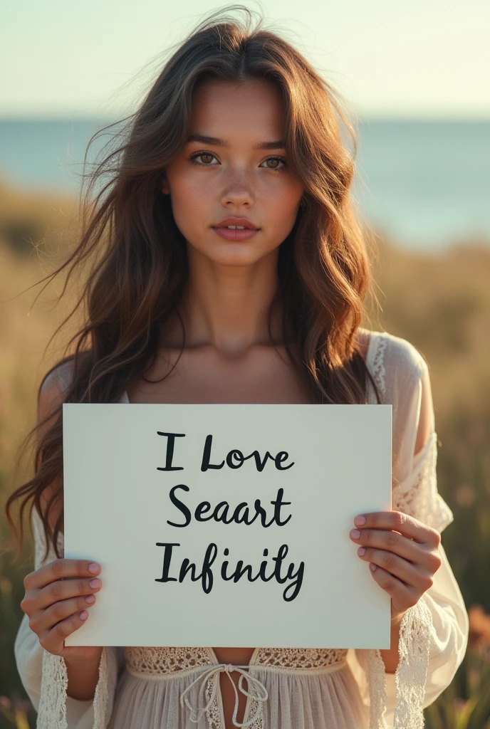 Beautiful girl with wavy long hair, bohemian dress, holding a white board with text "I Love Seaart Infinity" and showing it to the viewer