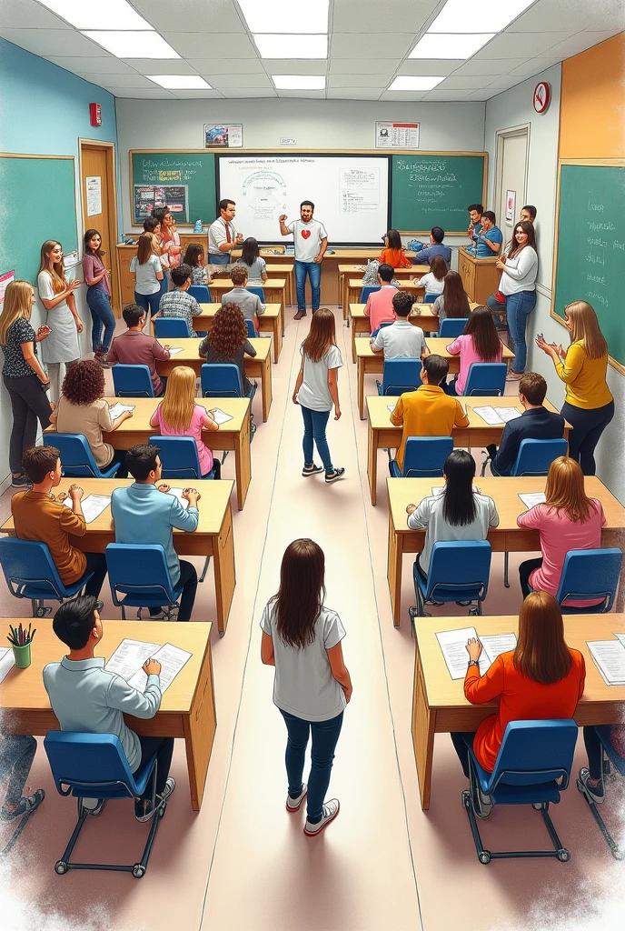 Drawing of an asymmetrical classroom that has unity and balance that represents the classroom and its atmosphere, which is made with many figures