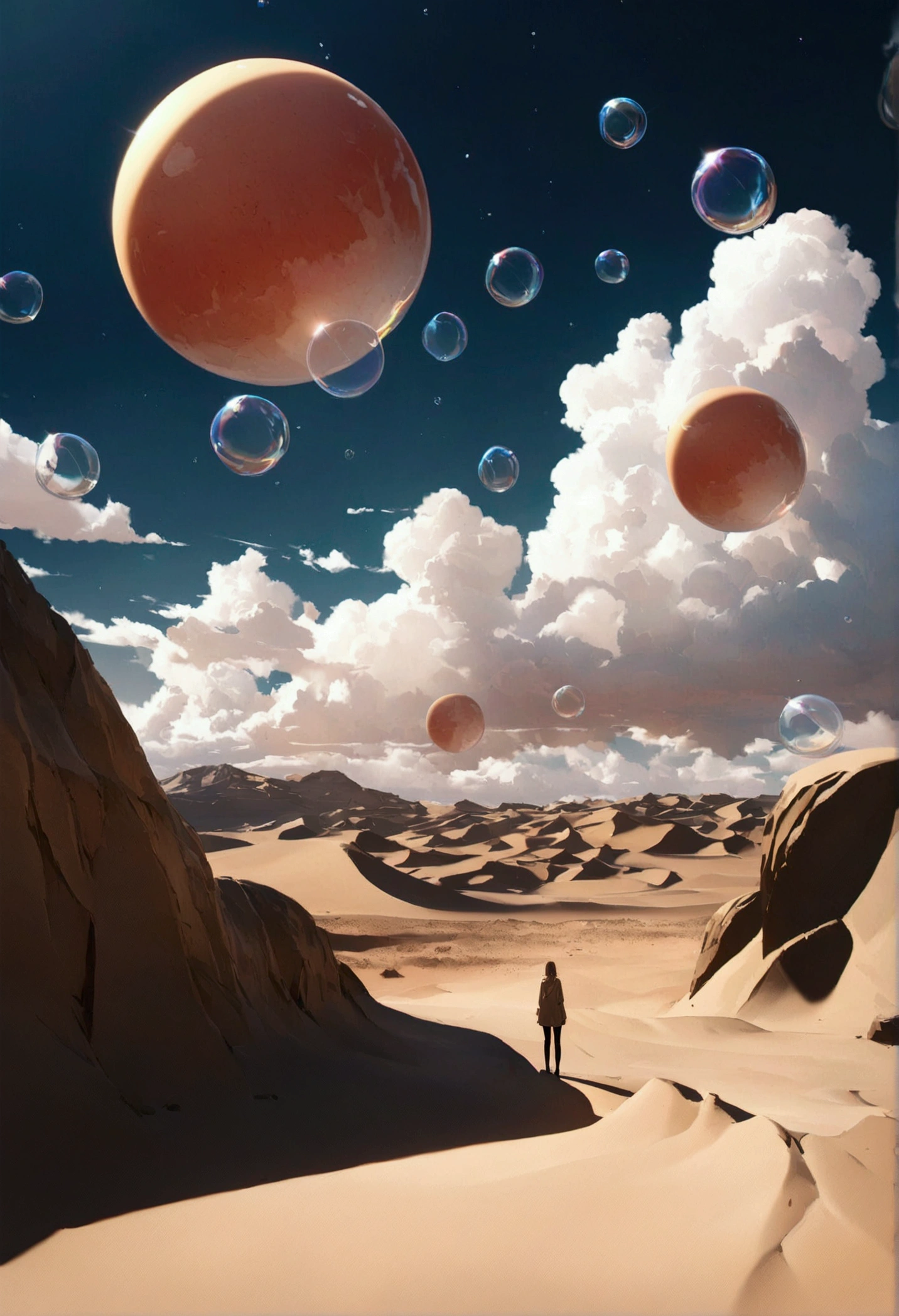 desert, It's noon, Wet day,bad weather), Beautiful sky, Beautiful Clouds, (Transparent bubbles shine like prisms here and there in the sky), quality\(8k,非常に精細なCGユニットのwallpaper, masterpiece,High resolution,top-quality,top-quality real texture skin,Surreal,Increase the resolution,RAW Photos,最高quality,Very detailed,wallpaper,Cinema Lighting,Ray Tracing,Golden Ratio\),(Long Shot),Wide Shot,