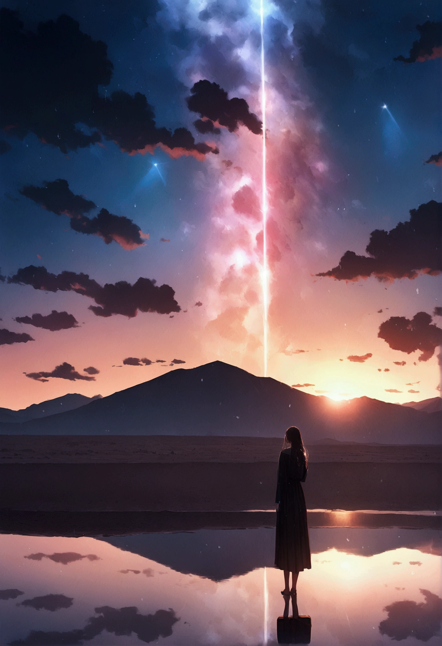 desert, It&#39;s noon, Wet day,bad weather), Beautiful sky, Beautiful Clouds,  (Transparent bubbles shine like prisms here and there in the sky), quality\(8k,非常に精細なCGユニットのwallpaper, masterpiece,High resolution,top-quality,top-quality real texture skin,Surreal,Increase the resolution,RAW Photos,最高quality,Very detailed,wallpaper,Cinema Lighting,Ray Tracing,Golden Ratio\),(Long Shot),Wide Shot,
