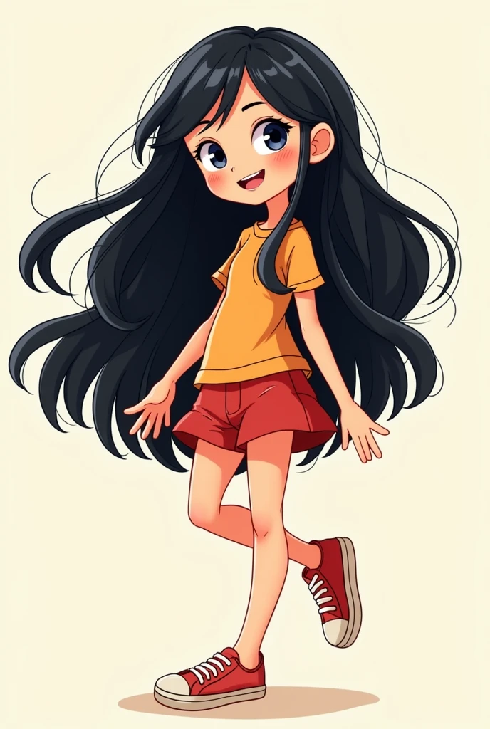 Full body cartoon girl with long black hair