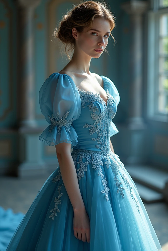 Dress with puff sleeves, princess neckline, silk fabric, with lace and cerulean blue color.