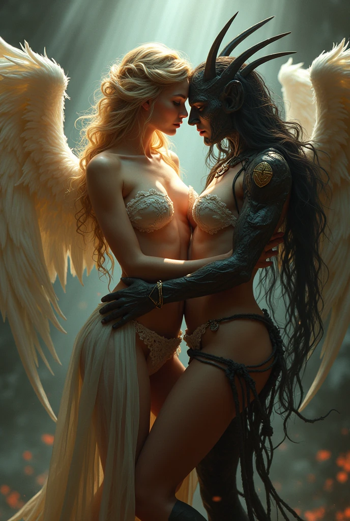 fantasy art, RPG art [[a picture of 2 women]], , a female angel (Masterpiece, intricate details), wearing dress, pale skin, best details beautiful face (Masterpiece, intricate details), blond hair, long hair wavy hair (Masterpiece,  intricate details), blue eyes, high heeled boots, wearing a dresasterpiece, intricate details), large angelic wings, white angelic wings spread [AND] a female demon (Masterpiece, 1.3, intricate details), demon, red skin (Masterpiece,  intricate details), demonic wings, black demonic wings spread, demonic hornasterpiece), red skin (Masterpiece), black hair, red eyes, best details beautiful face (Masterpiece, intricate details), wearing a dressier piece: 1.3, intricate details), high heels, in the border between heaven and hell, moon, stars, clouds, god rays, soft natural light silhouette, dynamic angle, photorealism, panoramic view (Masterpiece 1.3, intense details) , Wide-Angle, Ultra Wide