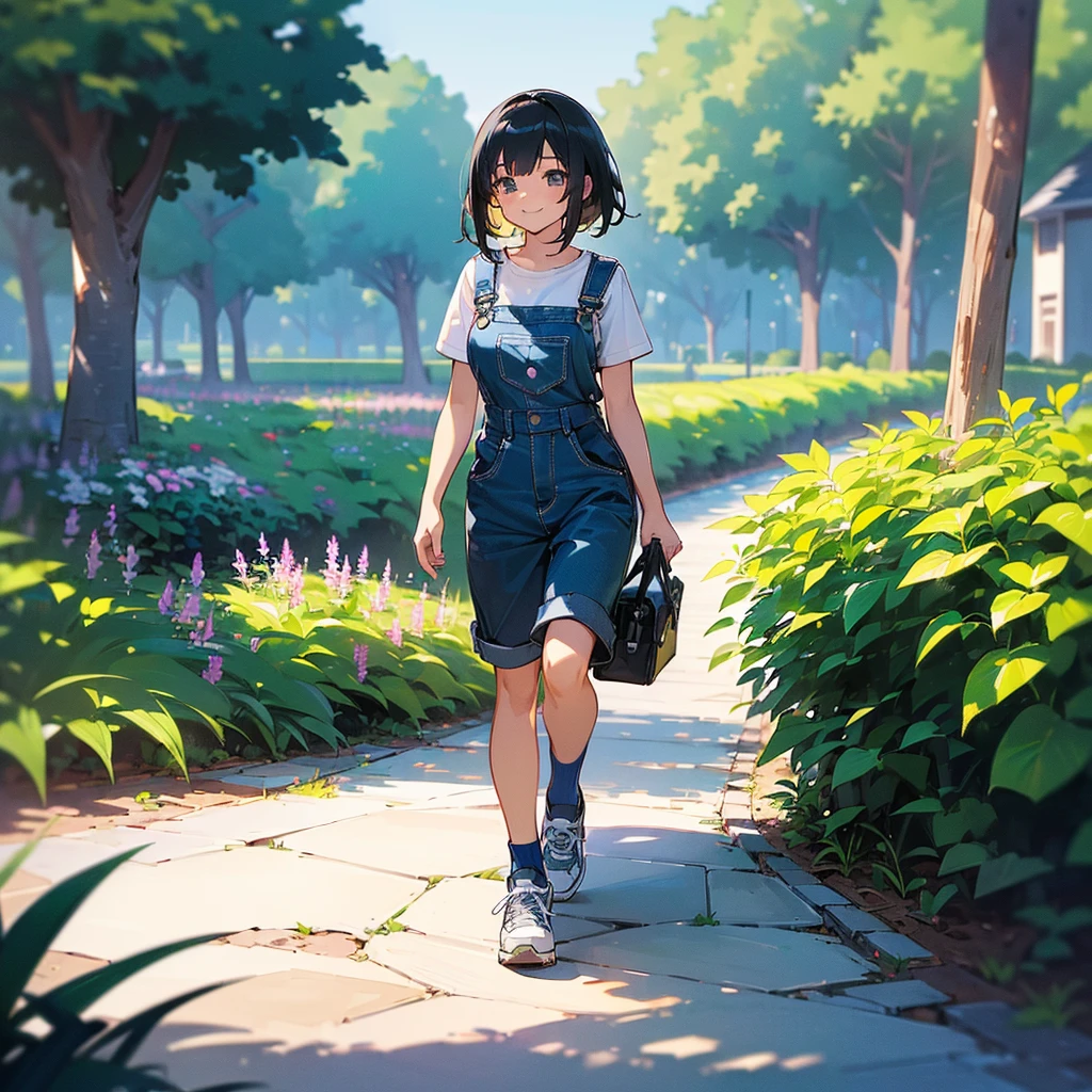 (high quality, High resolution, Very detailed, reality:1.37), Peaceful atmosphere, (Outdoor, garden), Teenage girl standing alone, (my breasts are big.), Beautiful details, Cute Smile, (Black bob hair), Short sleeve shirt, Overalls, Blue socks, sneakers.