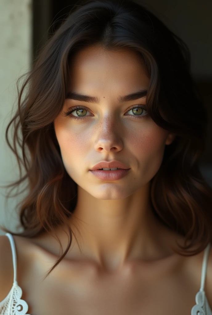 Film Portrait Photography., 1 girl, bare shoulders, shoulder length wavy hair, sereno, calm, (Realistic and detailed eyes, Natural skin texture, realistic face details), soft and dramatic lighting, depth of field, bokeh, vibrant details, finely detailed, Hyper realistic, movie de 35 mm, Hazy blur, movie,