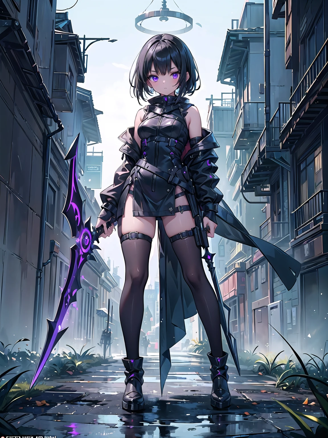 (((masterpiece, best quality, high detailed, 16k))) (1girl) A mysterious rogue with short, jet-black hair and striking violet eyes. She is dressed in a sleek, dark leather outfit that allows for swift movement, with hidden daggers strapped to her legs. Her expression is cold and calculating, and she holds a shadowy blade that seems to absorb light. ((full body view))