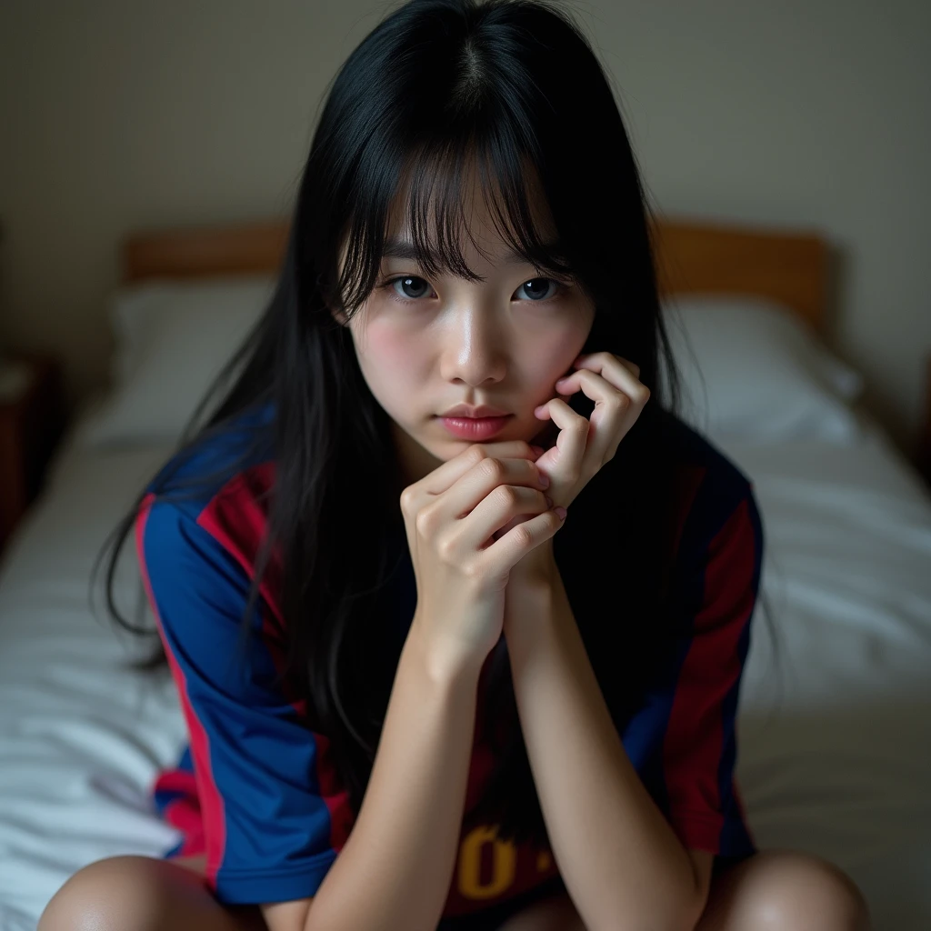 Black-haired ASIAN GIRL siting on a bed posing in front of the camera, wearing a Barcelona soccer team shirt, with Messi's 10 number, black hair, she covering her face with her hand, pale, and long hair, showing the shirt,