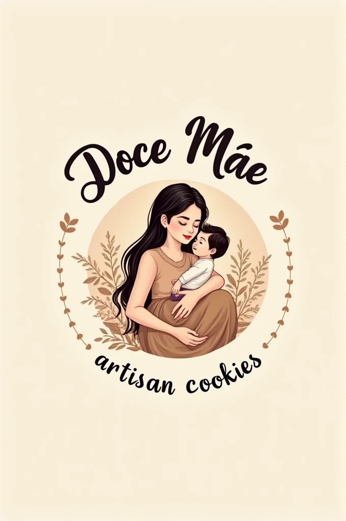 Create a logo for a bakery with a young mother with long black hair holding a  boy on her lap, name of the sweet shop at the top Doce Mãe, and on the bottom layer artisan cookies. 