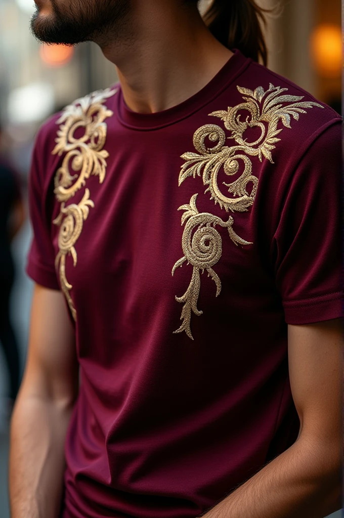 Wine-colored T-shirt with gold embroidery