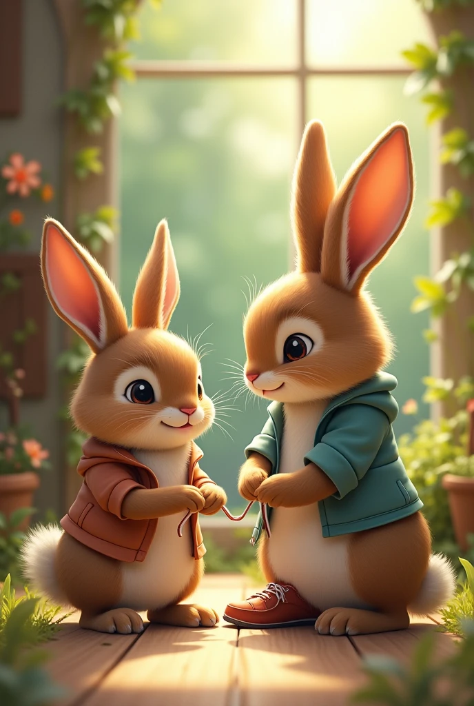 Bunny thanking his mother bunny for tying his shoelaces