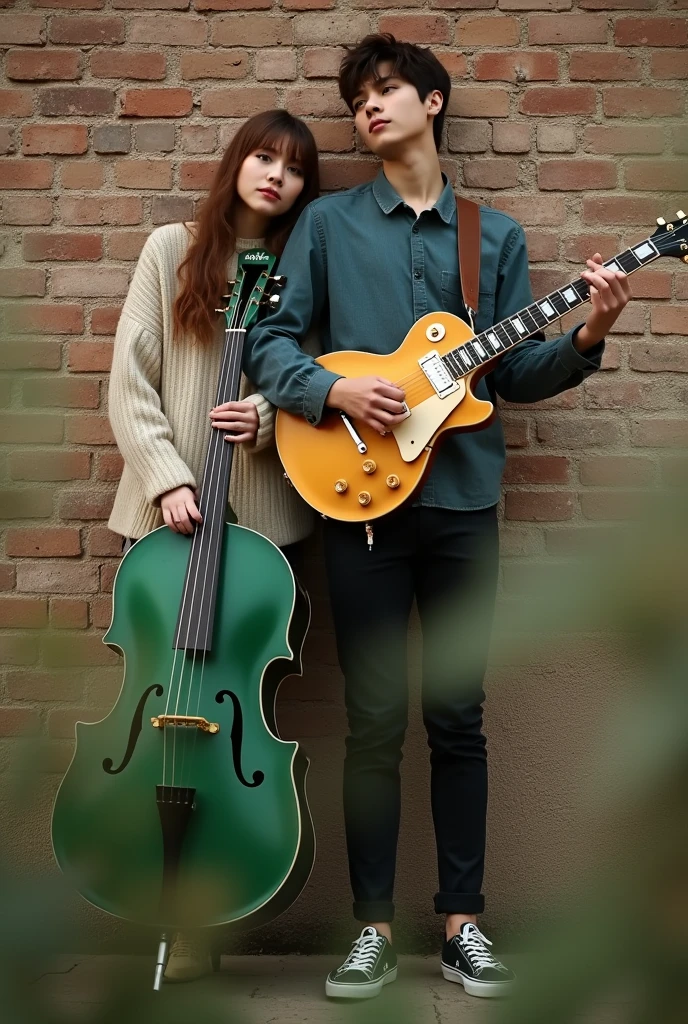 It has a rustic brick wall, and on top of it there is the unclear figure of two people, a young woman and a young man, He holds a beige Les Paul guitar and she holds a green bass