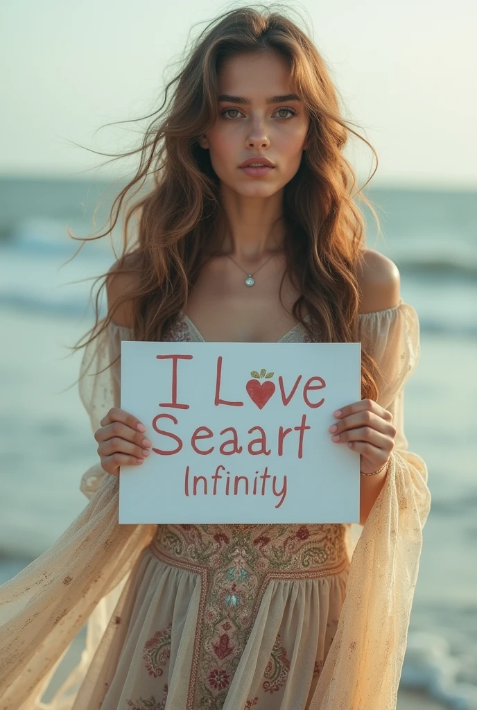 Beautiful girl with wavy long hair, bohemian dress, holding a white board with text "I Love Seaart Infinity" and showing it to the viewer