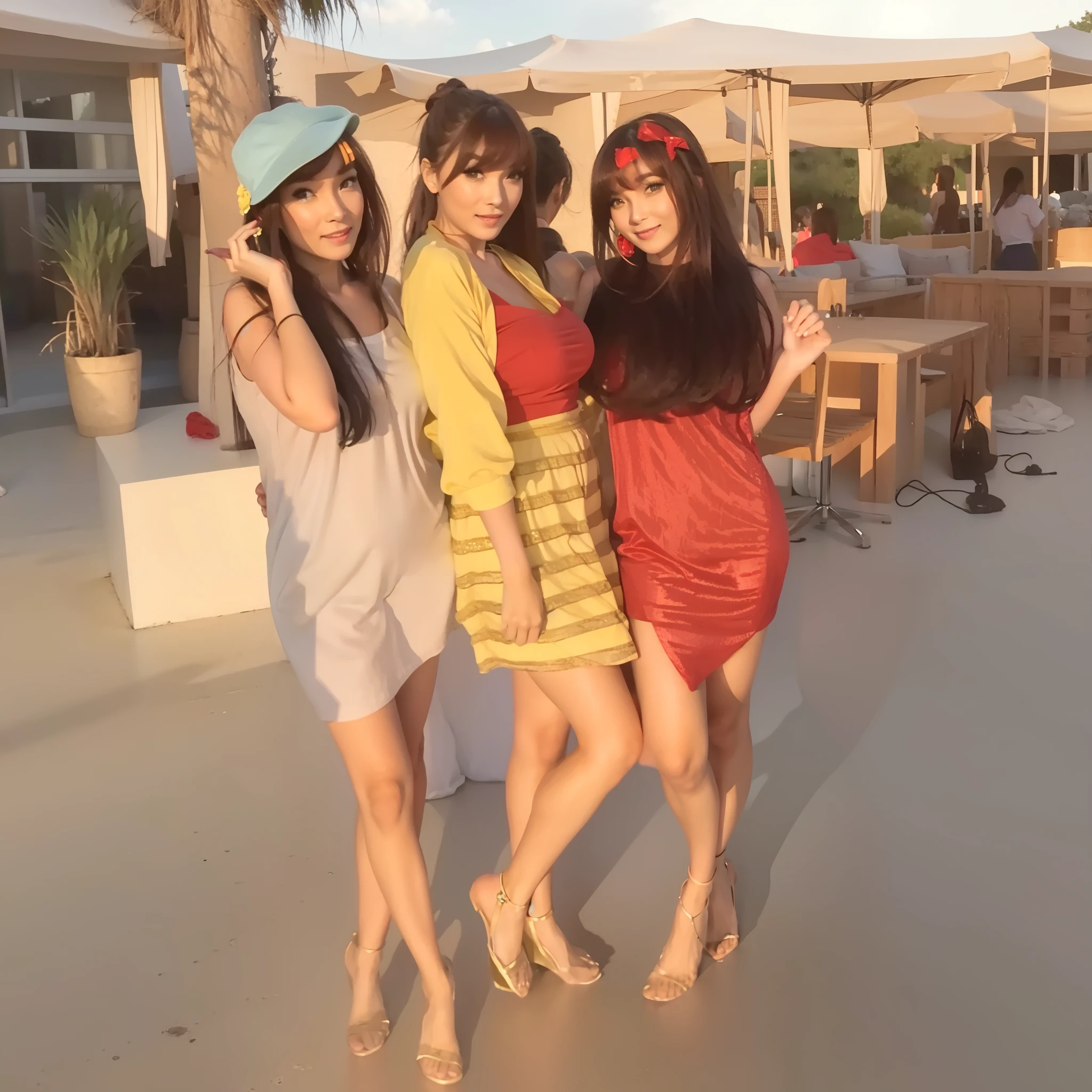 woman in slighty smiles, mini red dress, breast cleavage, sensual pose, breast,earring, full body ,looking at viewer, bangs hairstyle, long hair, flawless makeup, high quality, photorealistic,masterpiece