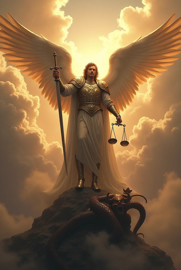 Create an image of a sky with large clouds, place an image of Saint Michael the Archangel as described by the Catholic faith, with the sword in his right hand, a scale in his right hand and stepping on the head of Satan demon lucifer