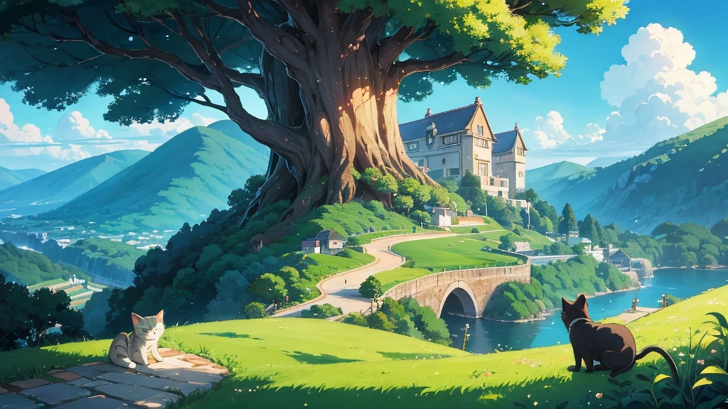 Ghibli style,landscape,One cat,wideshot,Ghibli styleイラスト,Detailed illustrations,High quality