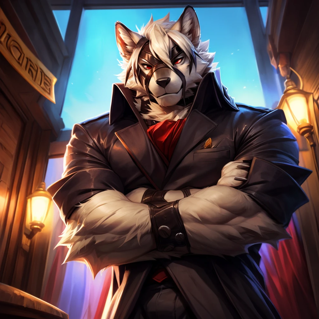 Von Lycaon, Male, Solo, Eye Patch, Arms Crossed, Well-groomed fur, Avoid Eye Contact, Fancy Motel Background, Handsome Face, Sexy, Daddy, Fancy Clothes, Detailed eyes, Red eyes, (Depth of Field, Vibrant Colors, dramatic Lighting, Natural Textures, Wide Angle Lens, Low Angle Close Front Shot), (by snartles, by null-ghost, by darkgem), 