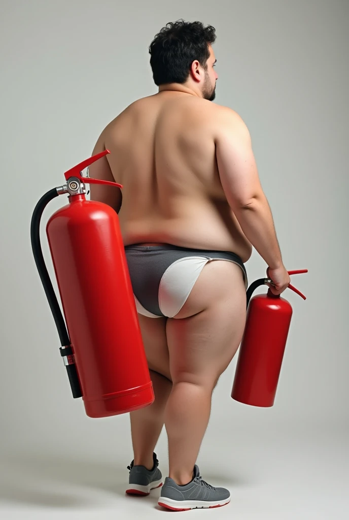 A chubby young man carrying a fire extinguisher, his buttocks padded with very thick stiff paper.