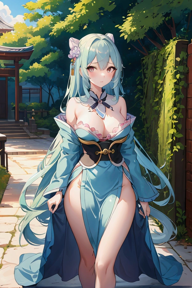 An anime high school girl., wear sexy kimono, short kimono, bare arms, bare back, bare shoulder, walking, by the wide, light blue fur, look at the viewer,