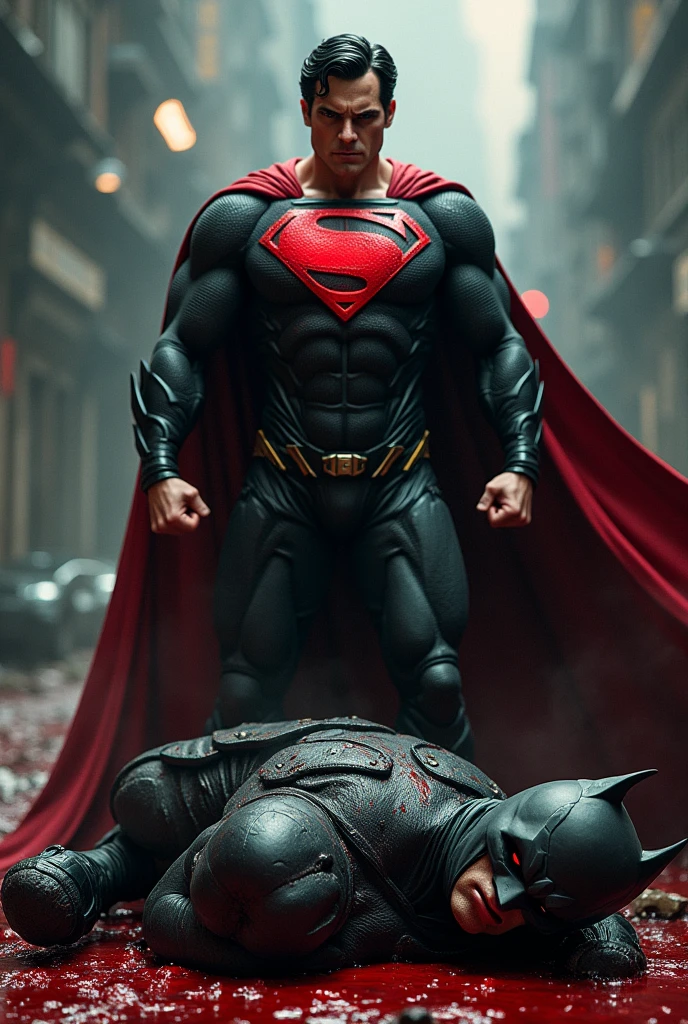 Superman standing angry with bloody fists and black suite and glowing red eyes, batman on the ground dead, laying in his own blood with mask that resembles bat and has closed eyes  with apocalyptic background 