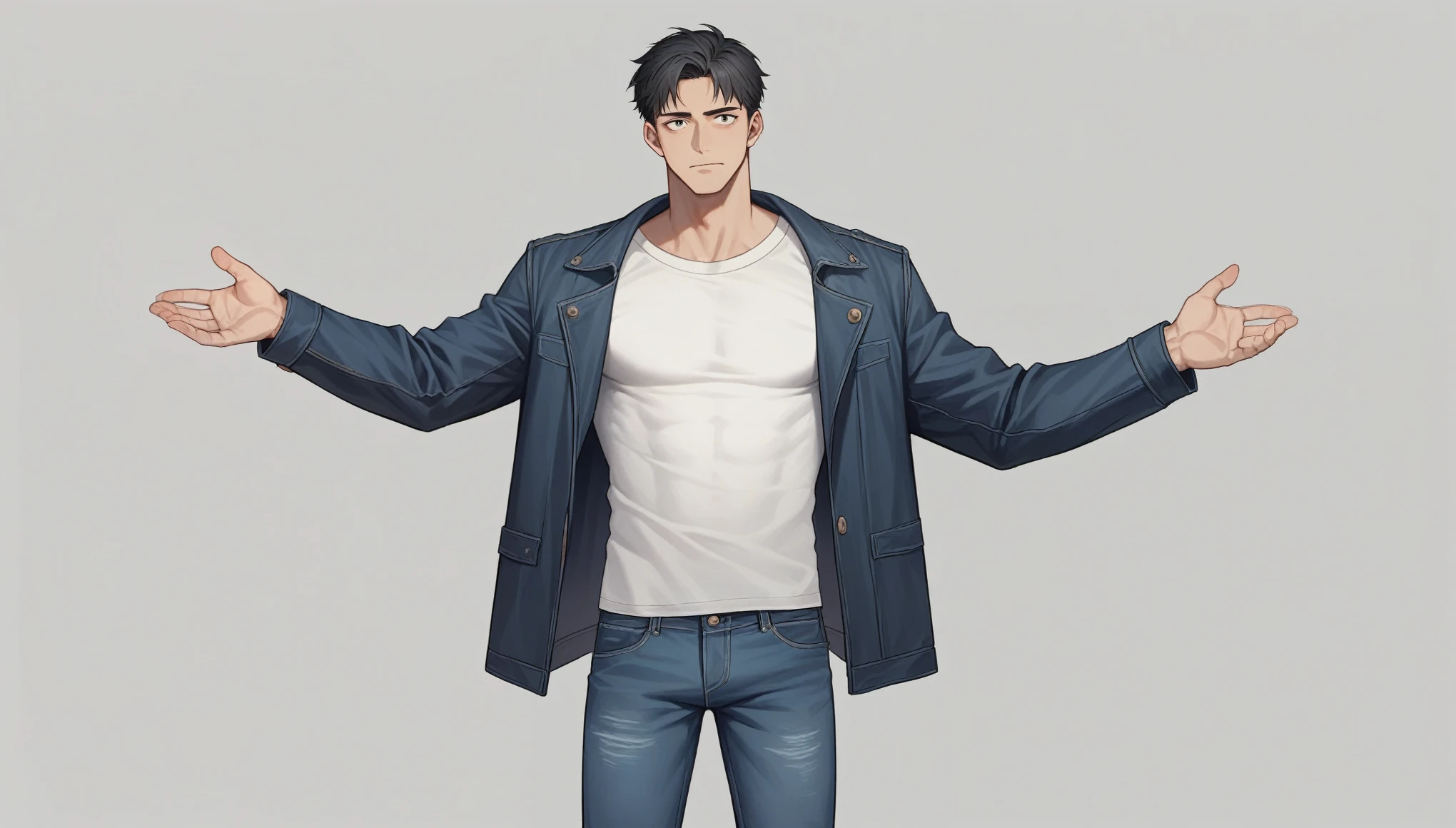 man, rambut ikal panjang,kumis tipis,3d cartoon character, plain gray background, half body preview, 8k, jeans jacket, white t-shirt, facing the camera, high detail, bright colors, high contrast, UHD, ultra-detailed texture, lighting cinematic