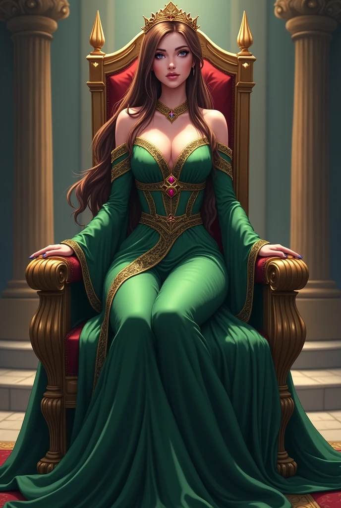 women . green eyes red lips long brown hair . long diamond-colored skirt. yellow tulle .turquoise cape. tall athletic body slim waist medium breasts medium buttocks .in a millionaire room