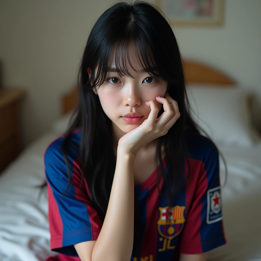 Black-haired ASIAN GIRL  siting on a bed posing in front of the camera, wearing a Barcelona soccer team shirt, with Messi's 10 number, black hair, she covering her face with her hand, pale, and long hair, showing the shirt, 