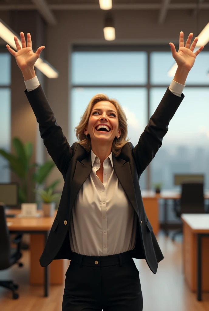 Creates a happy woman for a victory in an office realistic image