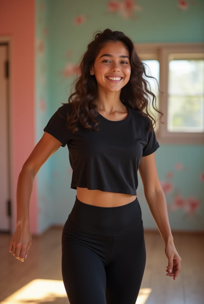 ((best quality)), ((masterpiece)), (detailed), perfect face, imagen realista de una chica mexicana de 14 años dancing bachata en una ((dance class)), smiling, dancing, diversion, vivid colors, editorial image, whole body, well lit, black yoga pants, logoless t-shirt, (cowboy_shot), frontal shot, pastel colors, promotional