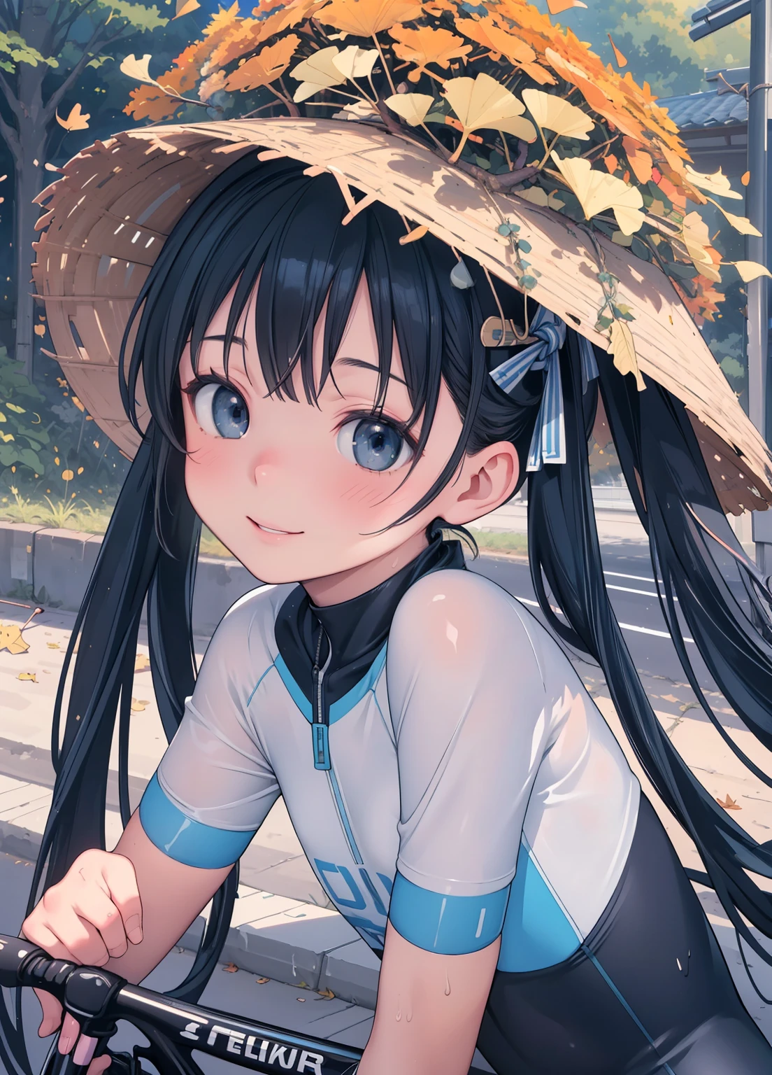(masterpiece、Highest quality、Highest quality、Official Art、Beautiful and beautiful:1.2)、(One girl:1.3)Hatsune Miku、Twin tails,Beautiful breasts, Katsushika Hokusai,(Realistic), (Intricate details: 1.2), (Tabletop: 1.3), (Highest quality: 1.4), (Ultra high resolution A: 1.2), Ultra high resolution A, (Detailed eyes), (Detailed face), Dramatic lighting, Sharp focus, 1 Beautiful Girl,Beautiful Japanese Idols,(Road Bike Racing Uniform),Teenage girl with perfect bike ride,In addition々Cowardly face, Beautiful Face, smile,Big Ass,Glossy Skin,Perfect hands,Beautiful legs,(Ride a road bike:1.2),Ginkgo tree with leaves,Autumn blue sky,(Leaves fall...),Dynamic Pose,Observe your audience,(Upper body:1.2),
