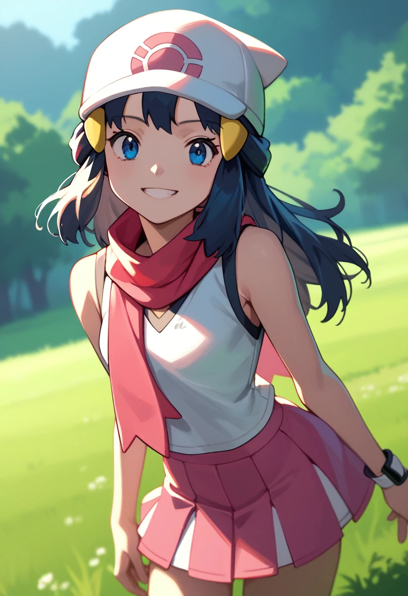 masterpiece, Best Quality, 1 girl, dawn \(Pokémon\), cap, by the wide, For the blue, blue eyes, Black sleeveless shirt, pink scarf, pink skirt, pink boots, smile, looking at the viewer, field background,sexy