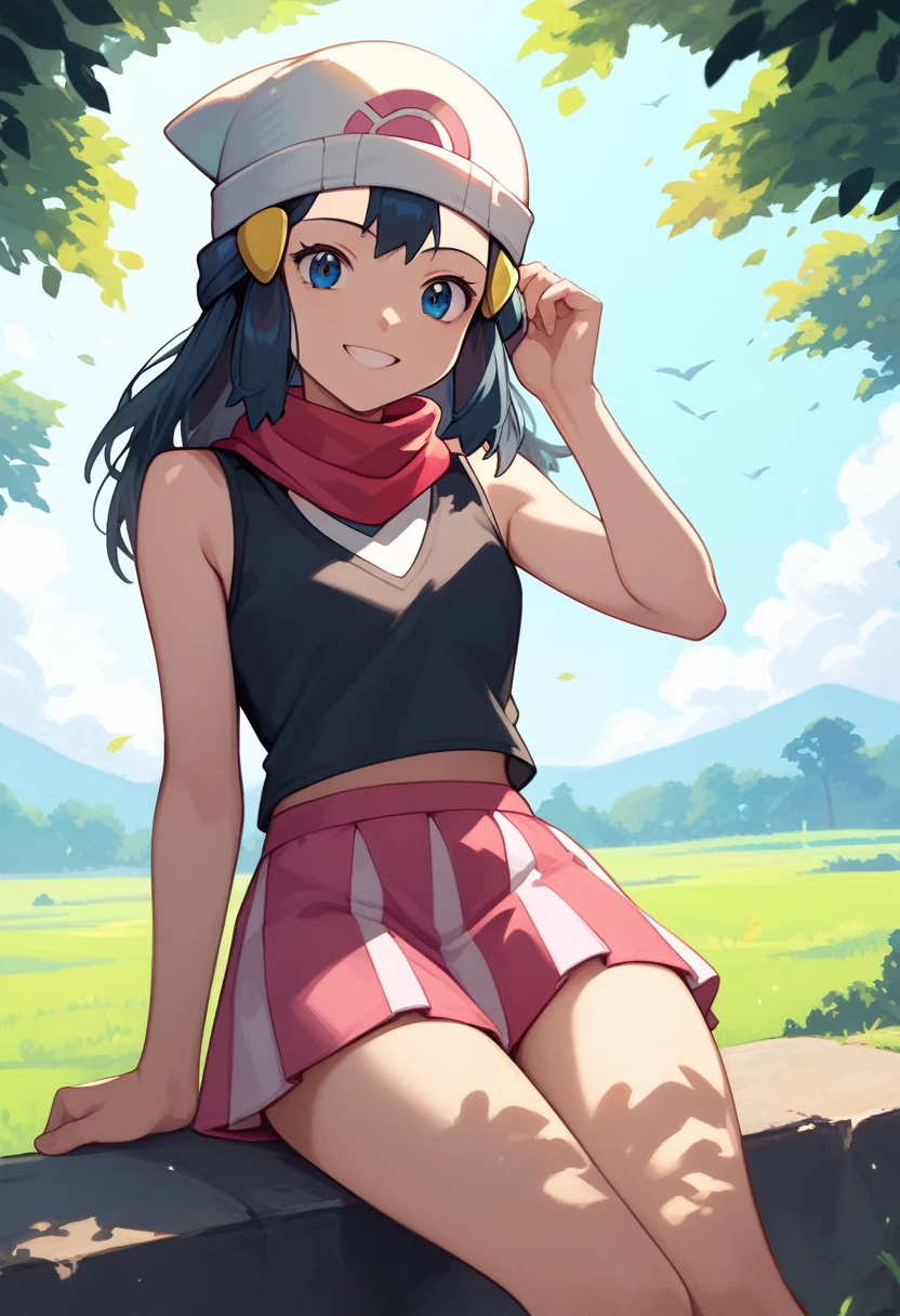 masterpiece, Best Quality, 1 girl, dawn \(Pokémon\), cap, by the wide, For the blue, blue eyes, Black sleeveless shirt, pink scarf, pink skirt, pink boots, smile, looking at the viewer, field background,sexy