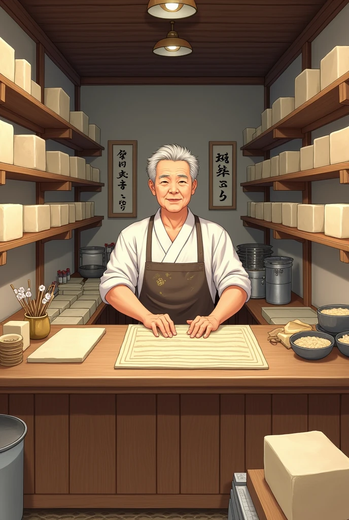 Thinking about tofu packaging!
A tofu shop owner is depicted