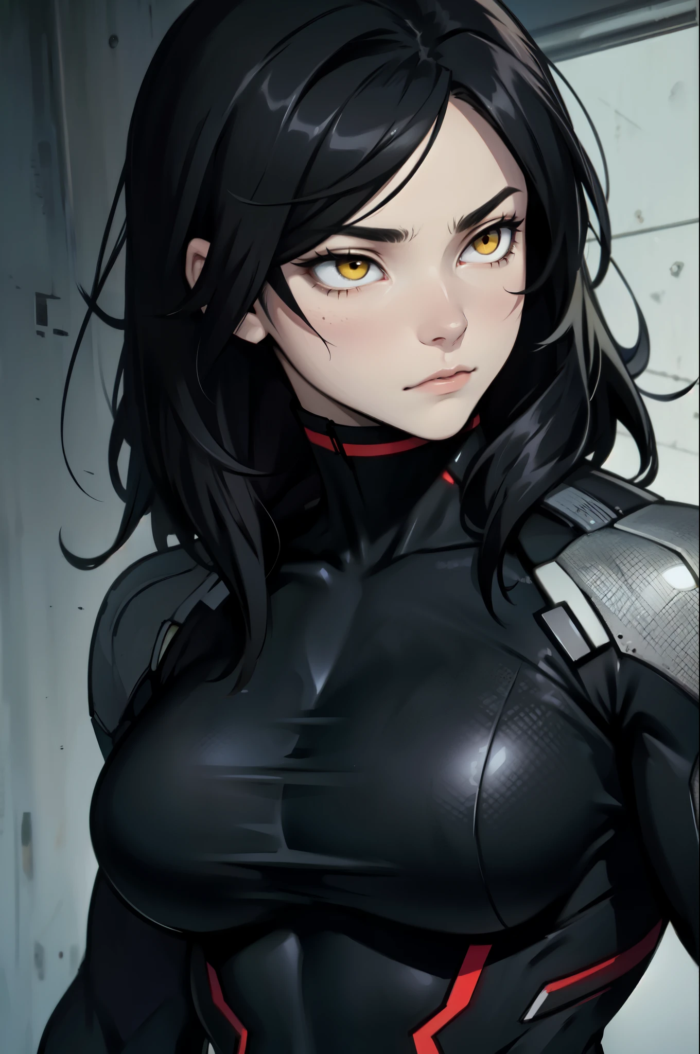 muscular woman with large breasts black hair yellow eyes pale skin empty eyes sad expressionless