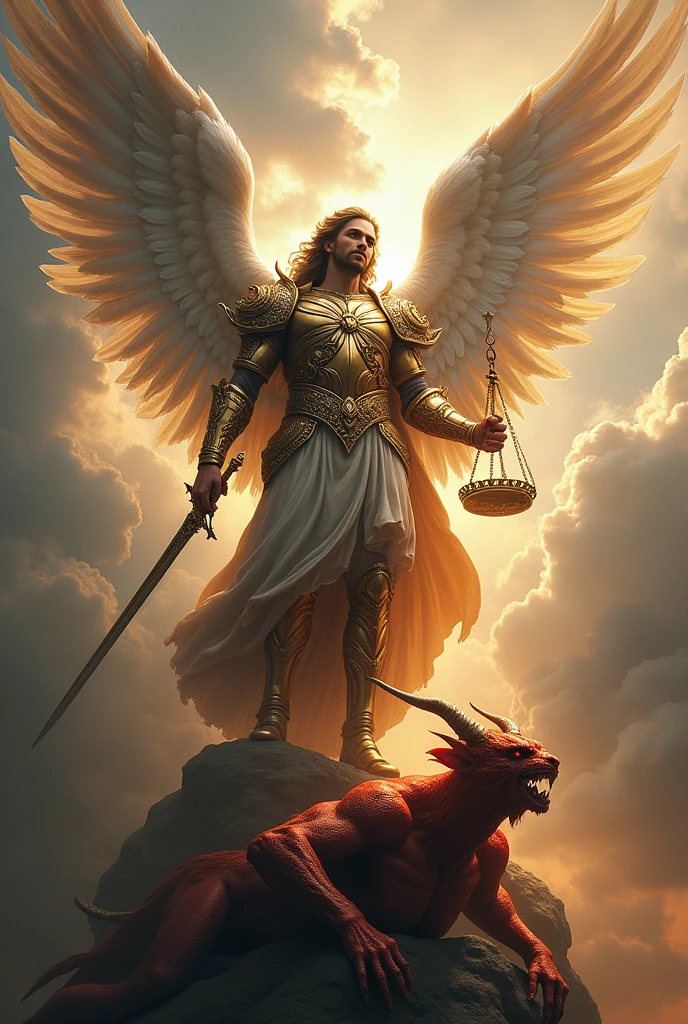 Create an image of a sky with large clouds, place an image of Saint Michael the Archangel as described by the Catholic faith, with the sword in his right hand, a scale in his right hand and with his feet stepping on the head of Satan the demon Lucifer