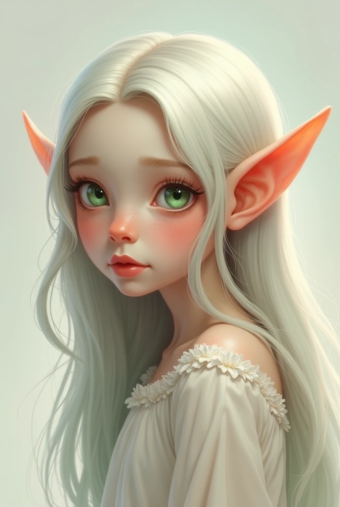 Girl with elf ears, fair skin and pastel green eyes, blind in one eye,freckles , not star rail style.