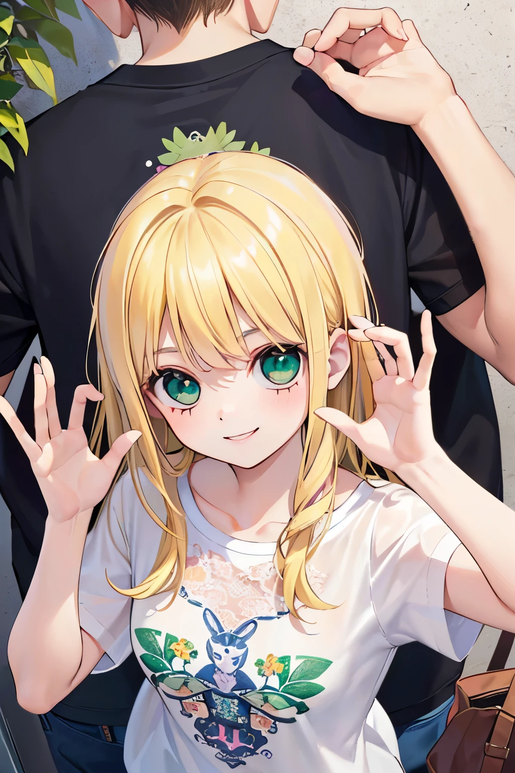 (beautiful young boy:1.3),(Small breasts 1.0),((blonde hair:1.2)),(Medium wave hair:1.1),(Emeraldgreen eyes:1.2),(PRİNCESS:1.1),(short sleeve lace blouse:1.2),(Clothes with botanical patterns:1.25),(grinning smile:1.2),(apparel shop,cloth shop:1.25),(Top view:1.1),(Close-up of face:1.0),(wave hand:1.1).