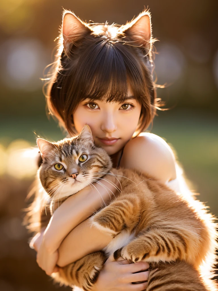 Ultra-detailed 40K photo, masterpiece, ultra high res, (photo realistic:2.0), soft warm lighting, ultra detailed vast background, front view, full body shot, an ultra-detailed Japanese girl, short brown hair, with a cat,