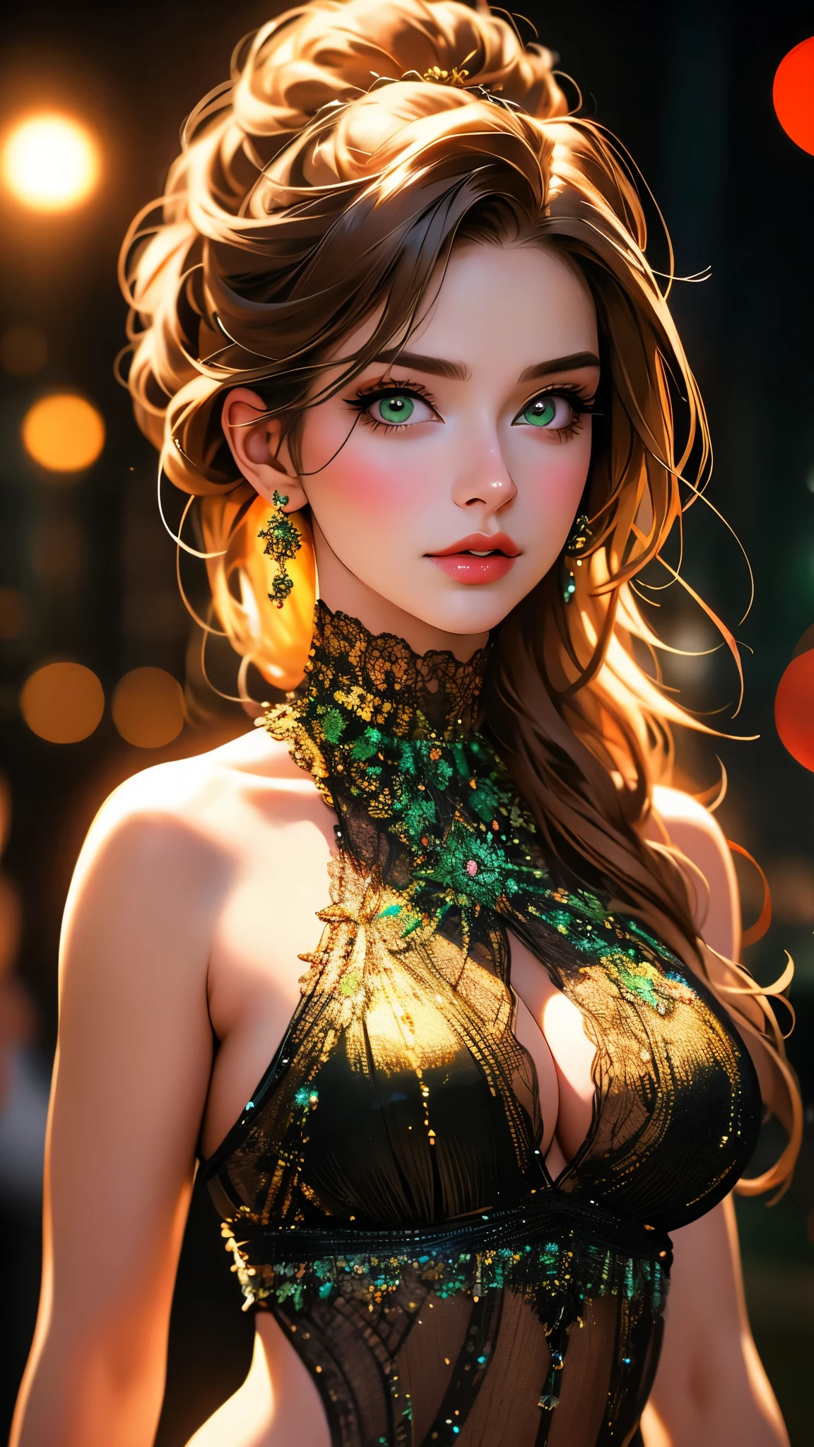 a beautiful woman with detailed green eyes, large breasts, sensual expressions, realistic, photorealistic, photo-realistic:1.37, (best quality,4k,8k,highres,masterpiece:1.2),ultra-detailed, HDR,UHD,studio lighting,ultra-fine painting,sharp focus,physically-based rendering,extreme detail description,professional,vivid colors,bokeh,warm colors,soft lighting